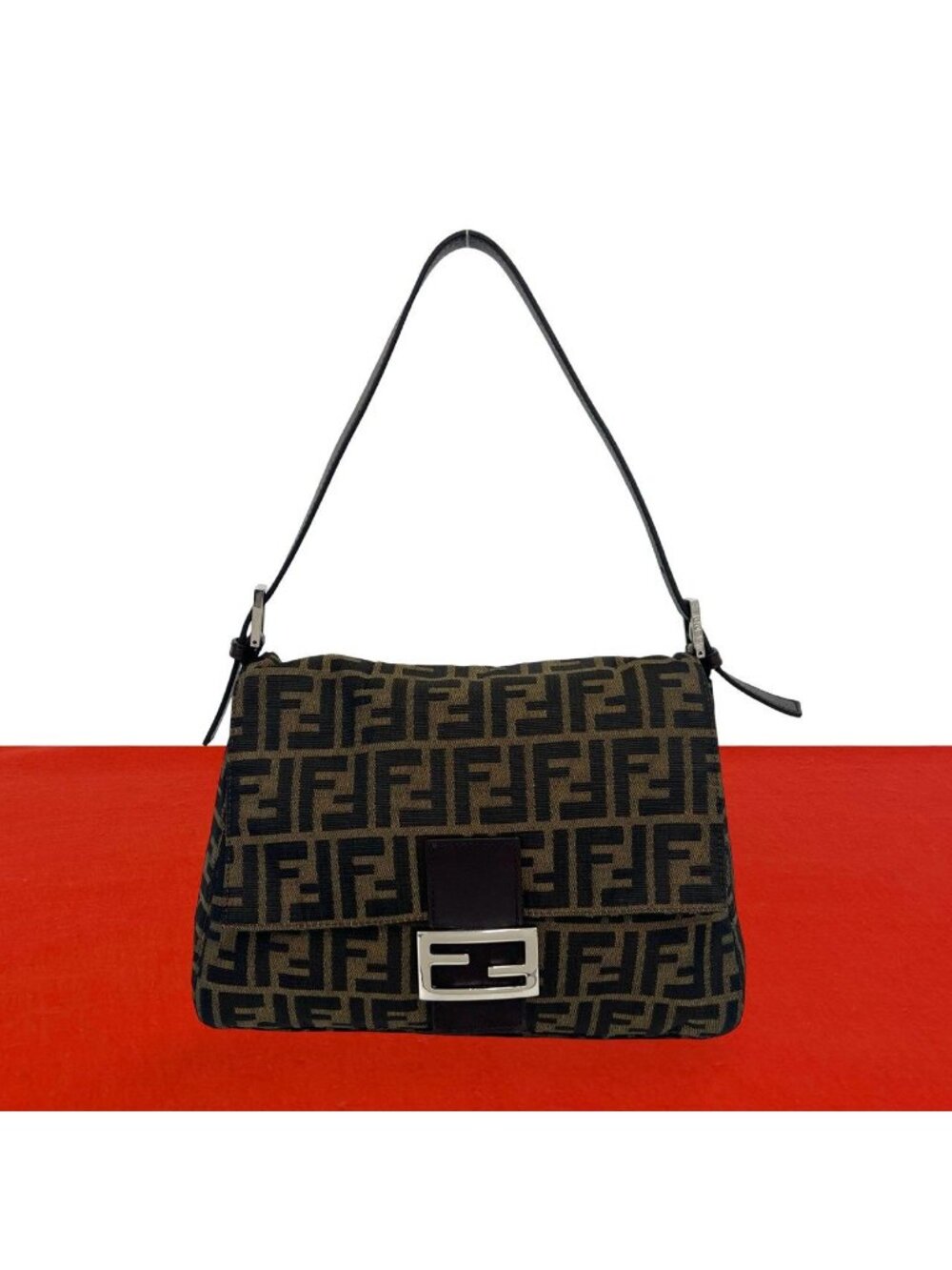 Fendi Mamma Bucket Zucca FF Logo Canvas Leather Semi Bag Brown
